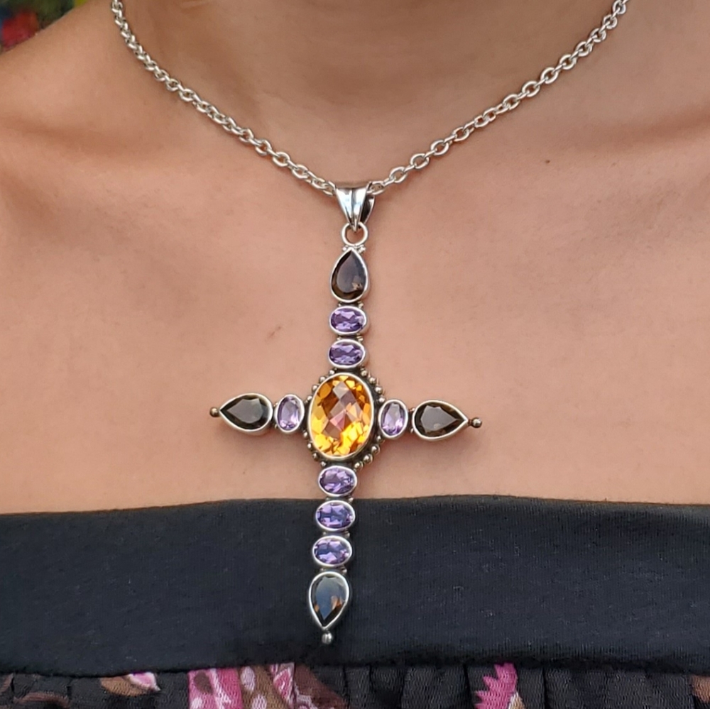 NICKY BUTLER NB 925 Sterling Silver Amethyst Smoky Quartz Cross Pendant Necklace - Picture 3 of 12